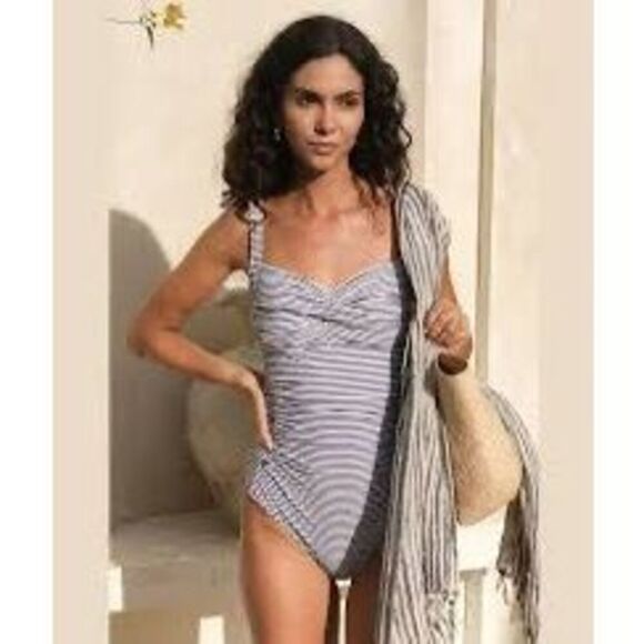 Niptuck Women's 10 Twist Front One Piece Swimsuit Blue Sorrento Stripe Nautical - Picture 5 of 14